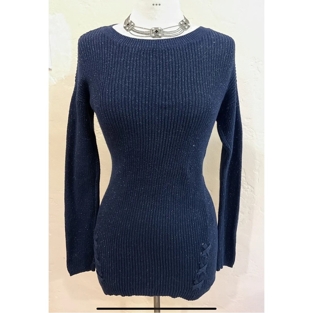 Ana A New approach Tunic Knitted Navy Blue W Sparkling Thread SZ XS Pre owned